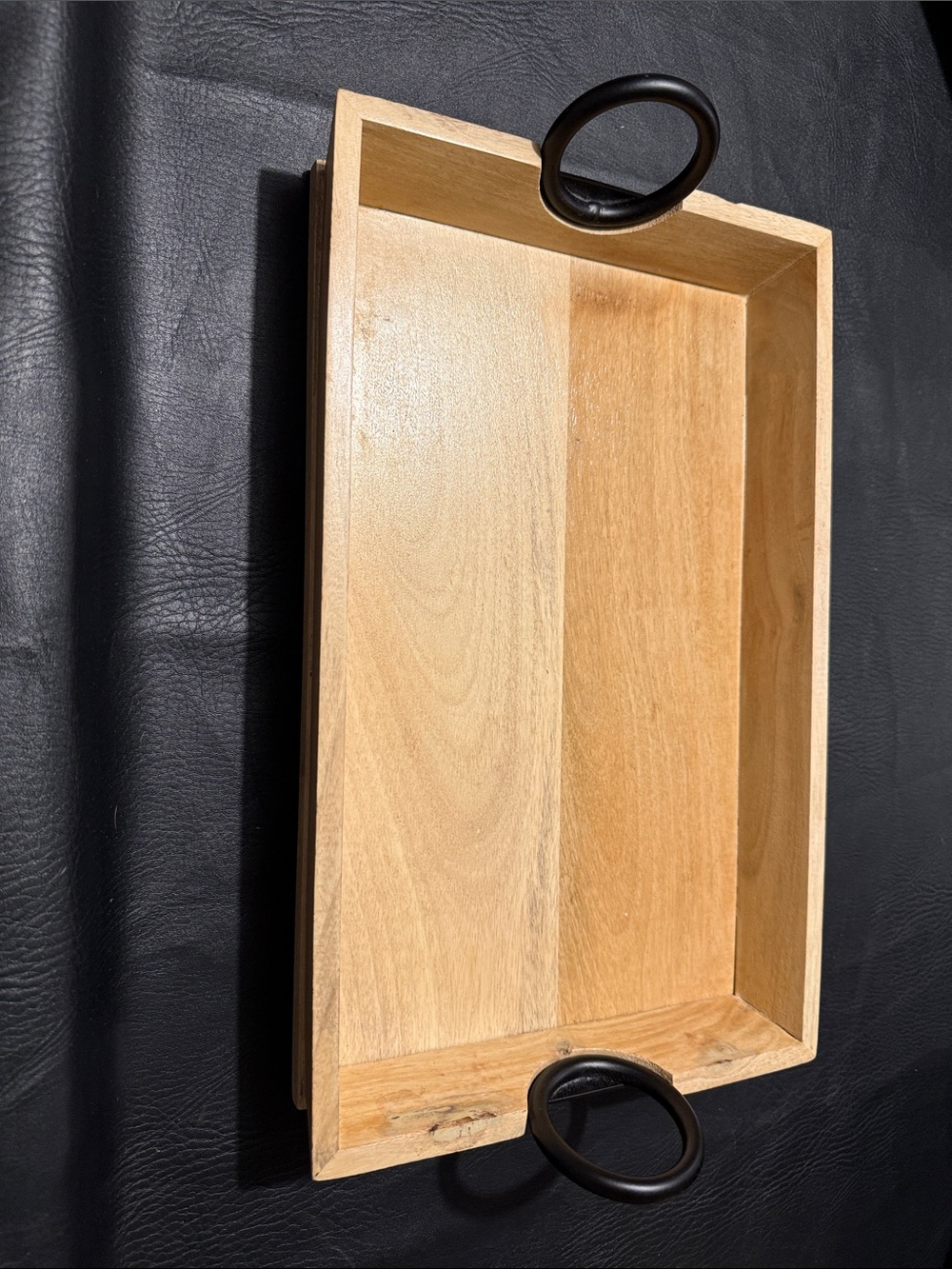 Natural Wood Vanity Tray with Black Ring Handles